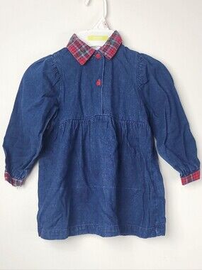 Vtg 80's-90's Oshkosk B'Gosh Dark Wash Denim Blue Red Plaid Trim Jean Dress 3T